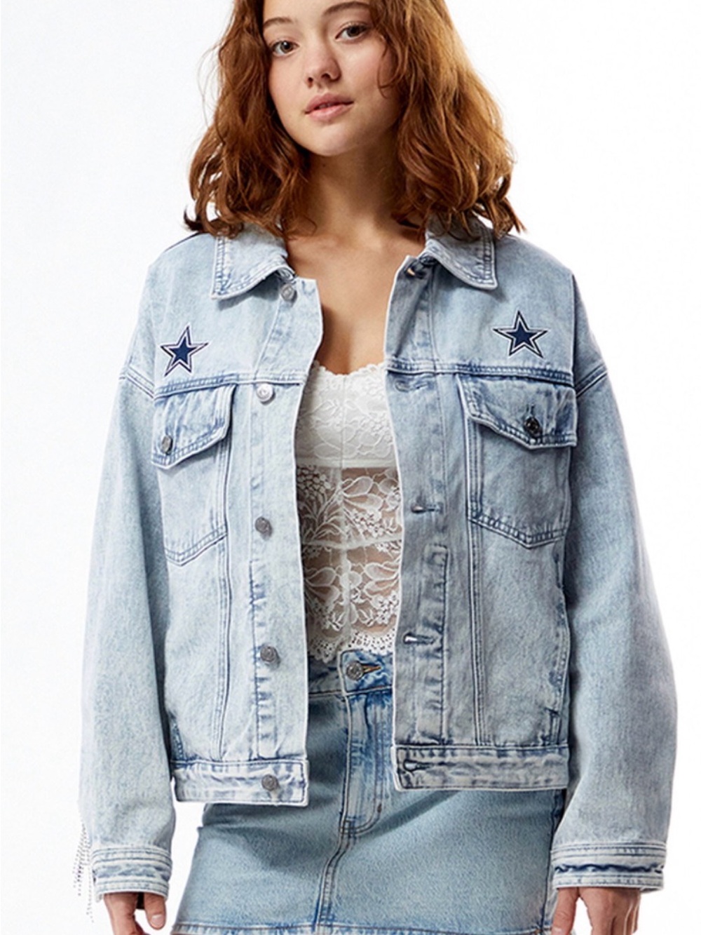 Light Blue Acid Wash Denim Jacket with Star Patches